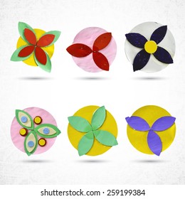 Simple small flower set for design and scrapbook. Collection of 6 items, made of paper, plasticine, dough, clay or cardboard and glue, cut out with scissors. Grunge, highly textured, design elements