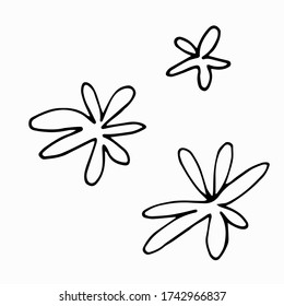  Simple small flowers set in scandinavian style. Hand drawn doodle outline black clip arts for icons or logo and cards.  Design for stickers and coloring. Stock vector illustration isolated on white.