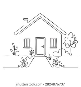 Simple small house with front garden, plants and pathway in clean line art, ideal for real estate, residential, architecture, home, countryside and property designs.