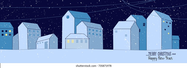 Simple small houses on a snowy night