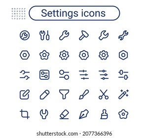 Simple small settings line icons set. Preferences rounded mini vector icons. Pixel perfect.