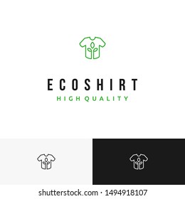 Simple and smart mono line or outlined t-shirt or clothes with sprout and leaf inside logo design inspiration