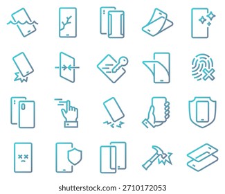 Simple Smartphone Protection Set Related Vector Line Icons. Contains icons such as Screen Protector, Delicate Touch, Tempered Glass and more.