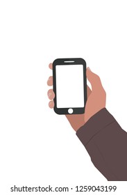 Simple smartphone template in hand with a blank display. A man holds a cell phone in hand on white background