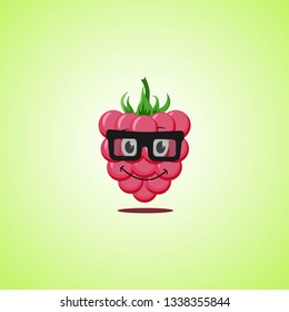 Simple smile cartoon raspberry symbol in glasses. Cute smiling lemon icon isolated on green background. Vector illustration EPS 10