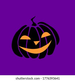 Simple smiling black lit Halloween pumpkin isolated on dark purple background. Jack Lantern. Vector hand drawn illustration in cartoon style