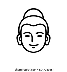 Simple smiling Buddha head icon or logo. Minimal black and white vector illustration, Zen Buddhism symbol.