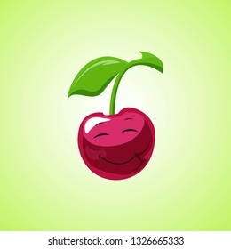 Simple Smiling cherry with closed eyes Cartoon Character. Cute smiling cherry icon isolated on green background. Vector illustration EPS 10.