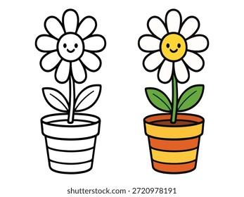 Flor sonriente simple en una ilustración de la olla con una versión coloreada y una versión del contorno, estilo lindo y mínimo conveniente para los iconos, las pegatinas, los gráficos de la planta, el contenido de los niños, y las páginas para colorear.