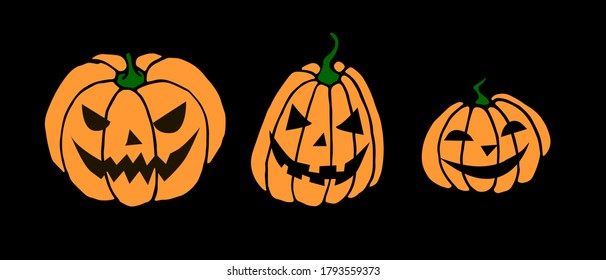 Simple smiling Halloween pumpkin isolated on Black background. Jack Lantern. Vector hand drawn illustration in cartoon style