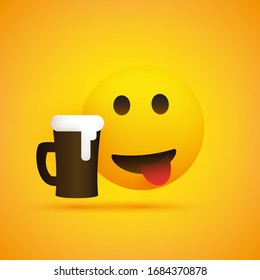 Simple Smiling Happy Emoticon with  a Glass of Beer and Stuck Out Tongue on Yellow Background - Vector Design