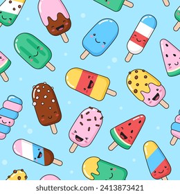 Simple smiling ice cream, eskimo, popsicle seamless pattern. Summer, dessert with face, cute vector cartoon background