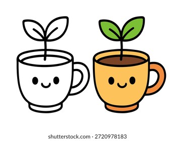 Planta sonriente simple que crece en una ilustración de la taza con una versión coloreada y una versión del contorno, estilo lindo y mínimo conveniente para los iconos, las pegatinas, los gráficos de la planta, el contenido de los niños, y las páginas para colorear.