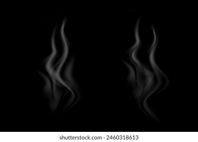 Simple smoke, hot smoke, coffee cup, food steam or vapor clouds, realistic smoke, hot dish or mug haze design elements on black background.