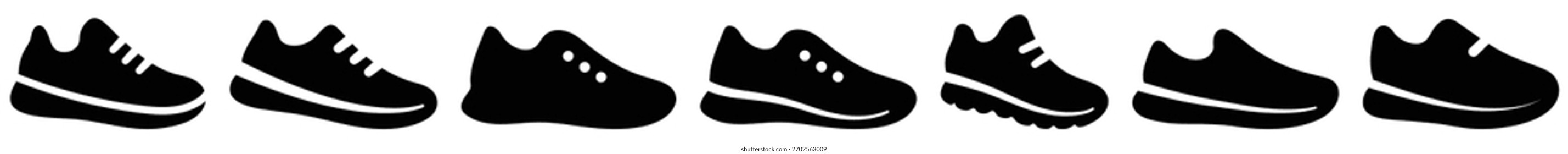 Simple sneaker shoe icons showing clean sport and casual footwear shapes with soles and lace details. Ideal for fitness apps, running themes, product UI, apparel graphics, and active designs.
