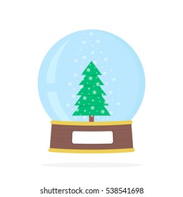 simple snow globe with xmas tree. concept of magical, decor, seasonal, present, wood stand, blizzard, decorative toy, object. flat style trend modern logo graphic clear design art on white background