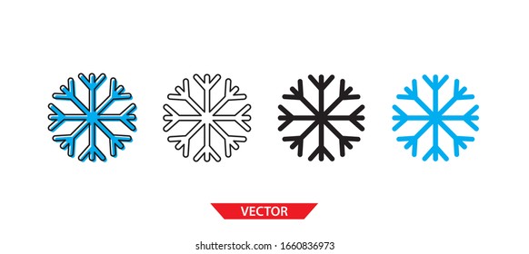 Icono de nieve simple sobre fondo blanco 4 tipos como contorno, negro, color, contorno y color. Ilustración vectorial.