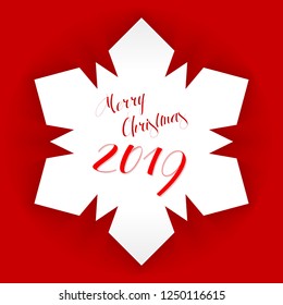 Simple Snowflake with Inscription Merry Christmas 2019. Red and White color. Vector Design Elements