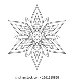 Mandala simple de copo de nieve sobre fondo blanco aislado. Adecuado para colorear páginas de libros, banner, postal.