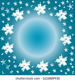 A simple snowflake scribble sketch with a blue and white circular gradient background.