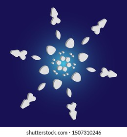 Simple snowflake with shadow on blue background. Creative concept with expressive forms and colors. Vector illustration - poster. White New Year and Christmas 3d ornament for banner or cards.