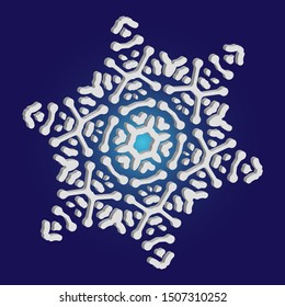 Simple snowflake with shadow on blue background. Vector illustration - decoration. Magic concept with expressive forms and colors. White New Year and Christmas 3d ornament for banner or cards.
