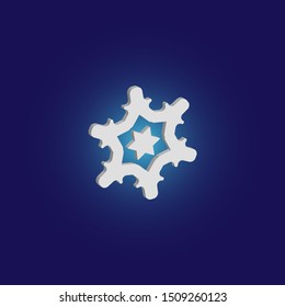 Simple snowflake with shadow on blue background. Vector illustration - frame. Clean concept with expressive forms and colors. White New Year and Christmas 3d ornament for banner or cards.