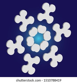 Simple snowflake with shadow on blue background. Vector illustration - frame. Geometric concept with expressive forms and colors. White New Year and Christmas 3d ornament for banner or cards.