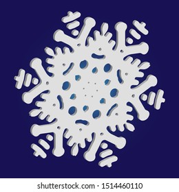 Simple snowflake with shadow on blue background. Vector illustration - icon. Original concept with expressive forms and colors. White New Year and Christmas 3d ornament for banner or cards.
