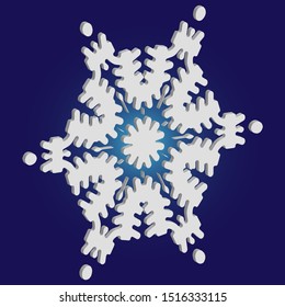 Simple snowflake with shadow on blue background. Creative concept with expressive forms and colors. Vector illustration - icon. White New Year and Christmas 3d ornament for banner or cards.