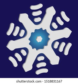 Simple snowflake with shadow on blue background. Vector illustration - overlay. Minimal concept with expressive forms and colors. White New Year and Christmas 3d ornament for banner or cards.