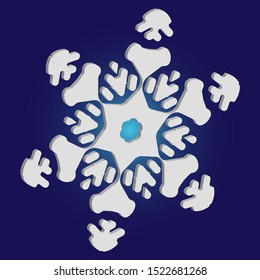 Simple snowflake with shadow on blue background. Original concept with expressive forms and colors. Vector illustration - graphics. White New Year and Christmas 3d ornament for banner or cards.