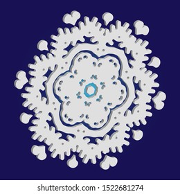 Simple snowflake with shadow on blue background. Vector illustration - poster. Original concept with expressive forms and colors. White New Year and Christmas 3d ornament for banner or cards.