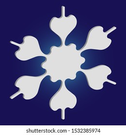 Simple snowflake with shadow on blue background. Cool concept with expressive forms and colors. Vector illustration - frame. White New Year and Christmas 3d ornament for banner or cards.