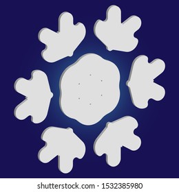Simple snowflake with shadow on blue background. Vector illustration - graphics. Effective concept with expressive forms and colors. White New Year and Christmas 3d ornament for banner or cards.