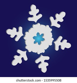 Simple snowflake with shadow on blue background. Vector illustration - art. Geometric concept with expressive forms and colors. White New Year and Christmas 3d ornament for banner or cards.