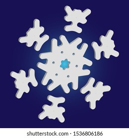 Simple snowflake with shadow on blue background. Geometric concept with expressive forms and colors. Vector illustration - frame. White New Year and Christmas 3d ornament for banner or cards.