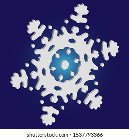 Simple snowflake with shadow on blue background. Vector illustration - wallpaper. Geometric concept with expressive forms and colors. White New Year and Christmas 3d ornament for banner or cards.