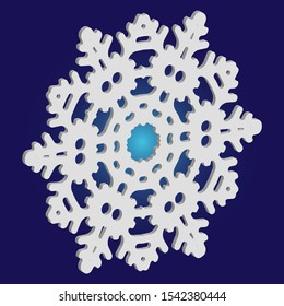 Simple snowflake with shadow on blue background. Vector illustration - graphics. Creative concept with expressive forms and colors. White New Year and Christmas 3d ornament for banner or cards.
