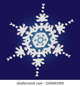 Simple snowflake with shadow on blue background. Minimal concept with expressive forms and colors. Vector illustration - frame. White New Year and Christmas 3d ornament for banner or cards.