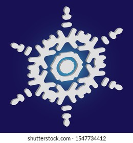 Simple snowflake with shadow on blue background. Effective concept with expressive forms and colors. Vector illustration - wallpaper. White New Year and Christmas 3d ornament for banner or cards.