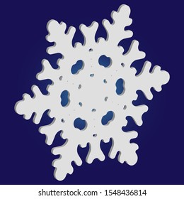Simple snowflake with shadow on blue background. Magic concept with expressive forms and colors. Vector illustration - graphics. White New Year and Christmas 3d ornament for banner or cards.