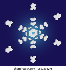 Simple snowflake with shadow on blue background. Cool concept with expressive forms and colors. Vector illustration - texture. White New Year and Christmas 3d ornament for banner or cards.