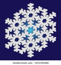 Simple snowflake with shadow on blue background. Original concept with expressive forms and colors. Vector illustration - overlay. White New Year and Christmas 3d ornament for banner or cards.