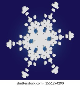Simple snowflake with shadow on blue background. Colorful concept with expressive forms and colors. Vector illustration - overlay. White New Year and Christmas 3d ornament for banner or cards.