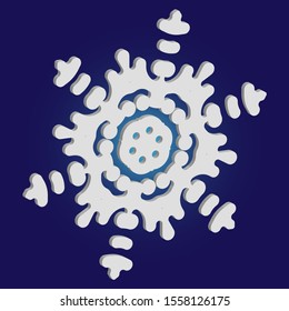 Simple snowflake with shadow on blue background. Vector illustration - texture. Geometric concept with expressive forms and colors. White New Year and Christmas 3d ornament for banner or cards.
