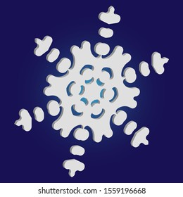 Simple snowflake with shadow on blue background. Vector illustration - icon. Abstract concept with expressive forms and colors. White New Year and Christmas 3d ornament for banner or cards.