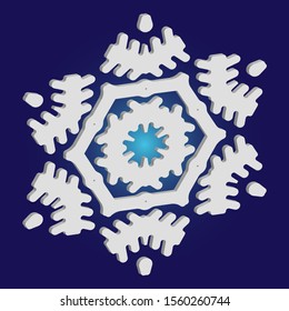 Simple snowflake with shadow on blue background. Colorful concept with expressive forms and colors. Vector illustration - overlay. White New Year and Christmas 3d ornament for banner or cards.