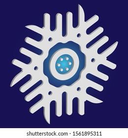 Simple snowflake with shadow on blue background. Minimal concept with expressive forms and colors. Vector illustration - pattern. White New Year and Christmas 3d ornament for banner or cards.