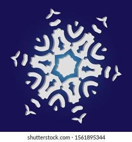 Simple snowflake with shadow on blue background. Original concept with expressive forms and colors. Vector illustration - texture. White New Year and Christmas 3d ornament for banner or cards.